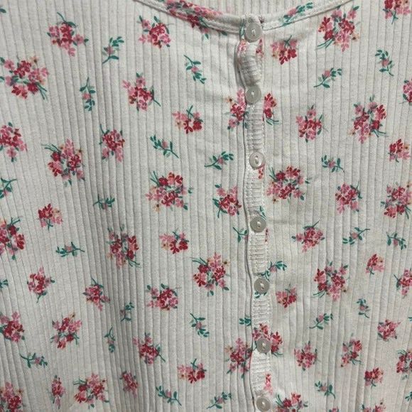 H&M Button Front Ribbed White Pink Rose Floral Top - Picture 4 of 4